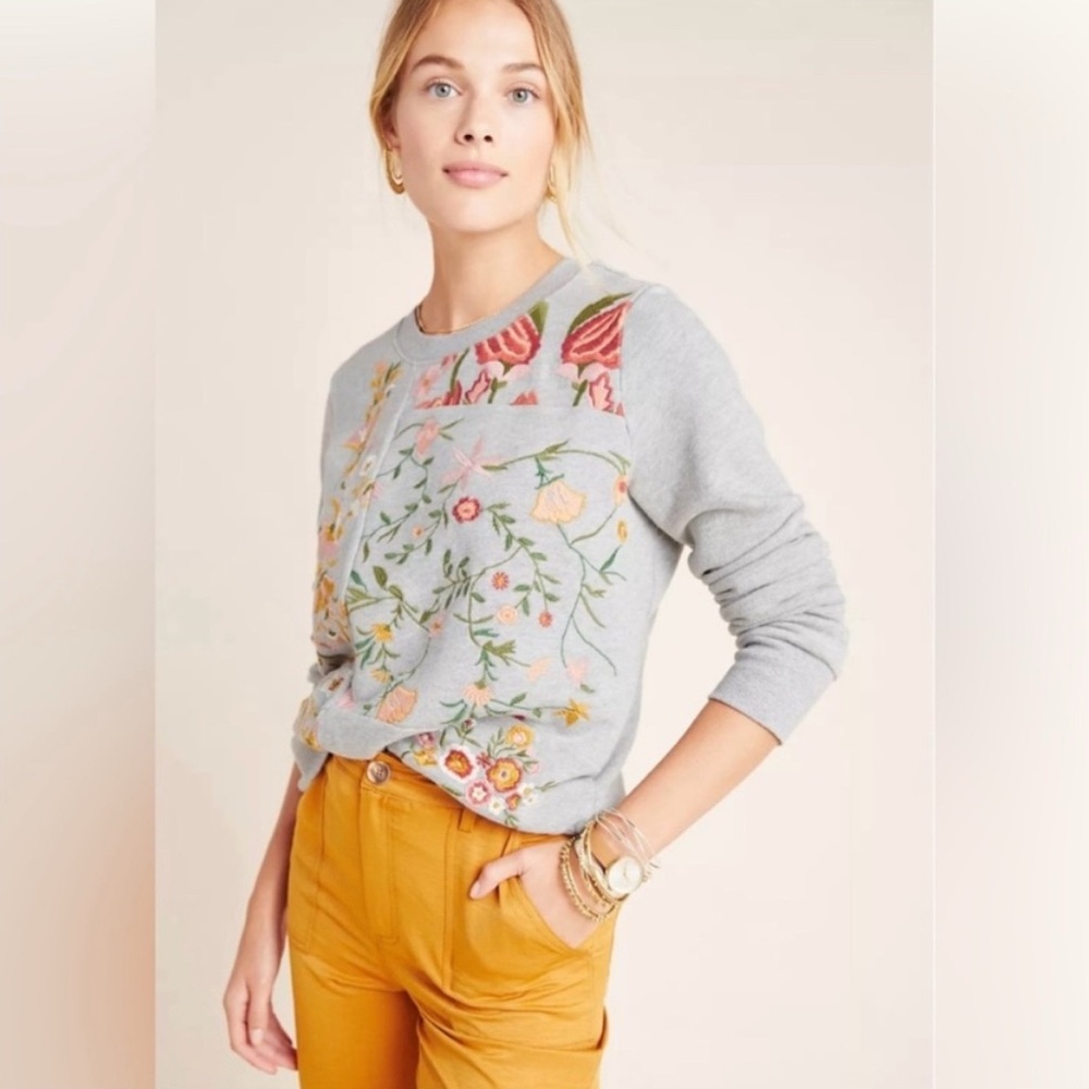 Maeve Gray Sweater with Vibrant Floral Embroidery